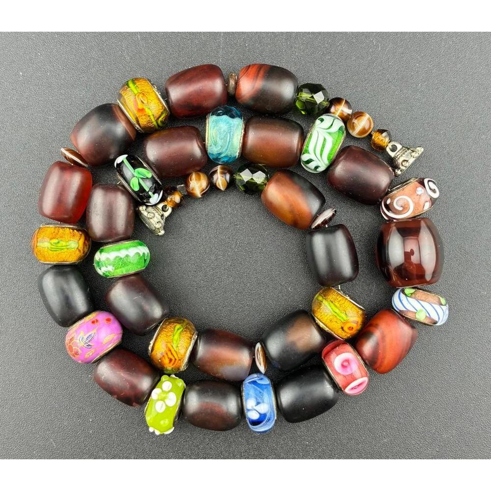 Sterling silver Glass Charm and Agate Bead Handmade Necklace Lamp work 925 18"